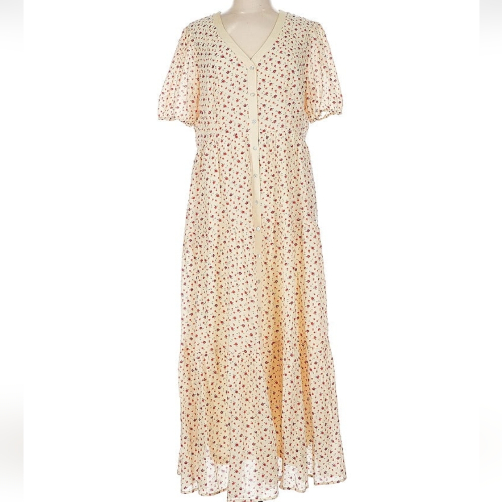 Roolee Short Sleeve V-neck Button Cream Floral Dress Large